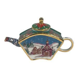 Christmas Themed Porcelain Cloisonne Enamel Teapot Gold Accents & Festive Design